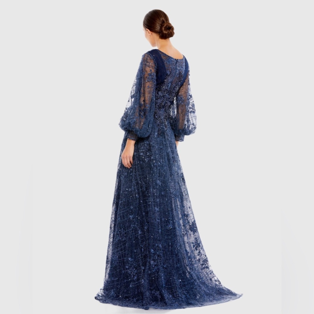 Mac Duggal Navy Blue Beaded Lace Maxi Gown - Picture 5 of 15